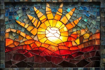 Stained glass sunrise with golden rays