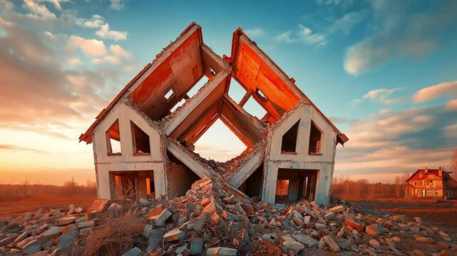 A crumbling house at sunset, a stark reminder of loss and change.