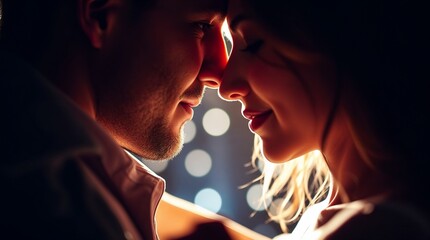Young couple in love sharing an intimate moment in soft bokeh light