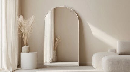 Arch mirror reflecting light in minimalist room.