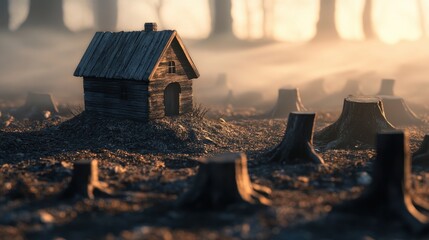 A small wooden house is positioned in a foggy forest clearing, with numerous tree stumps surrounding it, reflecting the impactful changes in the environment. Generative AI