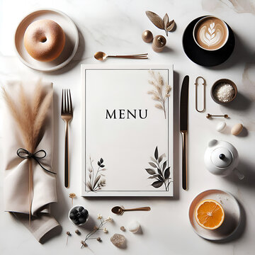 A table decorated in the trendy colors of Pantone 2025 Mocha Mousse, with a mock-up menu with the inscription "Menu" and space for text in the center on a white tablecloth, cappuccino, tableware, donu