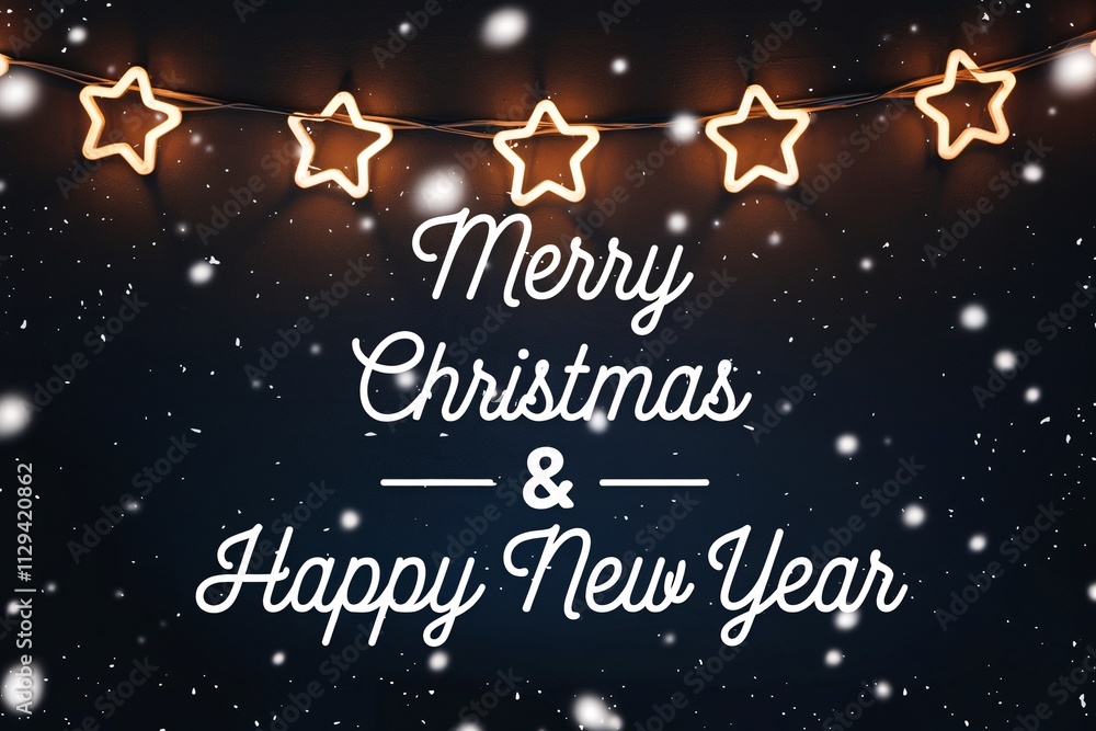 Fototapete stylish white merry christmas and a happy new year text on a warm background with soft glowing star 