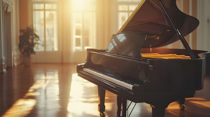 A classic black grand piano standing elegantly in a sunlit concert hall.