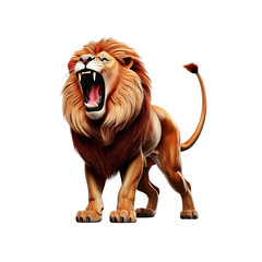 Obraz premium A striking lion stands with its mouth open, roaring fiercely