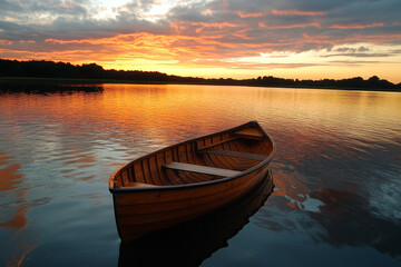Sunset over calm waters with a wooden boat