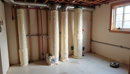 Obraz premium Insulated pipes and plumbing system installed in a basement room with natural light