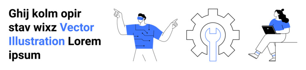 Characters pointing, wearing VR headset, holding laptop, large gear with wrench in center. Ideal for teamwork, business strategy, productivity, technology, problem-solving, innovation, landing page