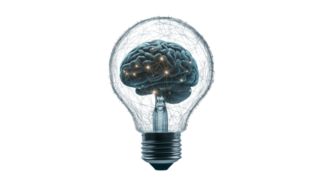 Futuristic Filament Bulb with Transparent Glass Shell Featuring a Human Brain and Neural Network Connections.