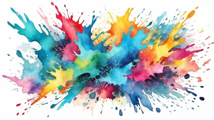 Watercolor paint splashes, energetic mood, featuring vibrant colors and dynamic patterns.
