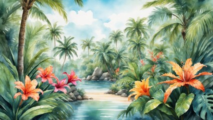 Fototapeta premium Watercolor tropical landscape, vibrant mood, featuring lush plants and a serene river in the jungle.