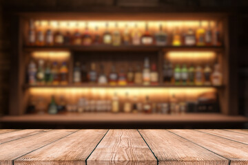 Wooden table and vintage lamps with liquor bar background