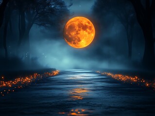 Orange moon rises over a misty forest path