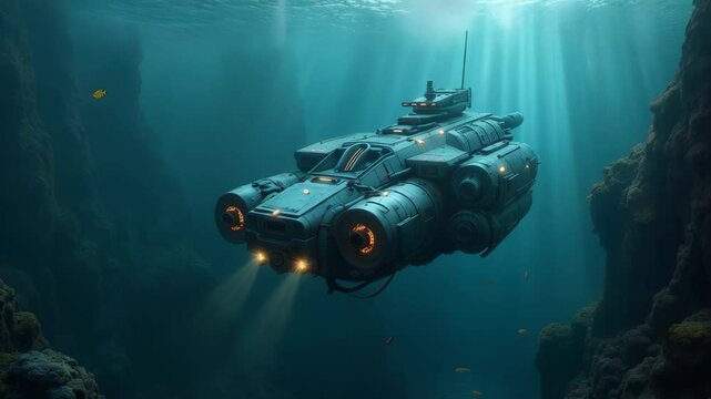 A futuristic submarine navigates through deep ocean trenches illuminated by shafts of light