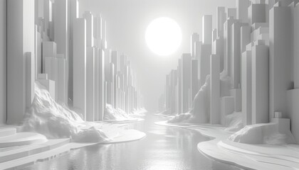 A white city with a river running through it and a large white sun in the sky