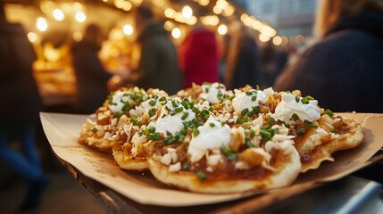 L&aacute;ngos being served at a bustling street food market, placed on a paper tray, with various toppings like sour cream, cheese, and chives visible, blurred background of people enjoying food 