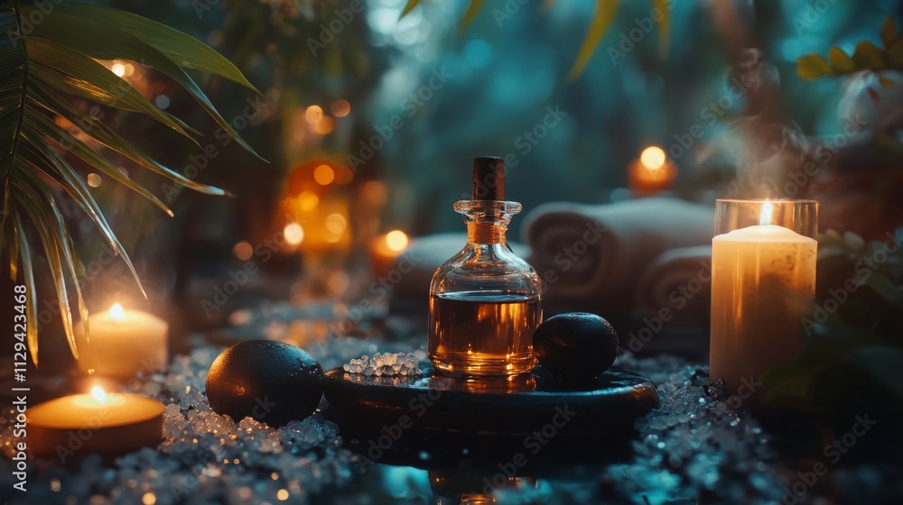 Poster a relaxing aromatherapy setup is surrounded by candles and natural elements.