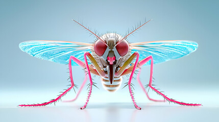 A colorful, detailed depiction of a fly with striking blue wings and vibrant pink legs against a light background.