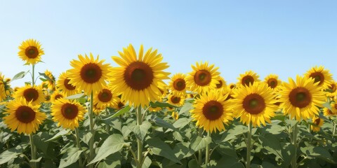 Field of vibrant sunflowers stretching towards a clear blue sky, farm