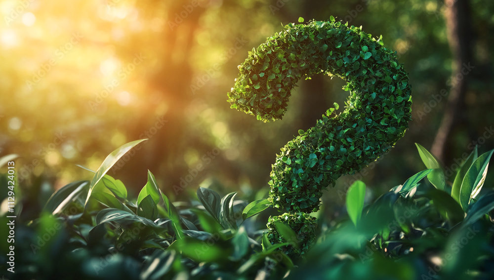 Poster green question mark made of leaves surrounded by lush foliage in a vibrant forest illuminated by gol