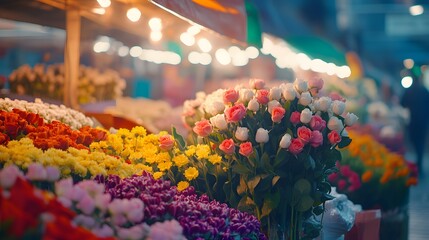 A colorful flower market at dawn filled with roses tulips and daisies.