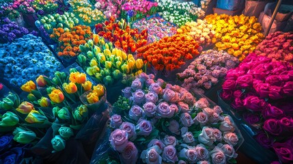 A colorful flower market at dawn filled with roses tulips and daisies.