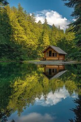 Obraz premium Cabin on lake shore