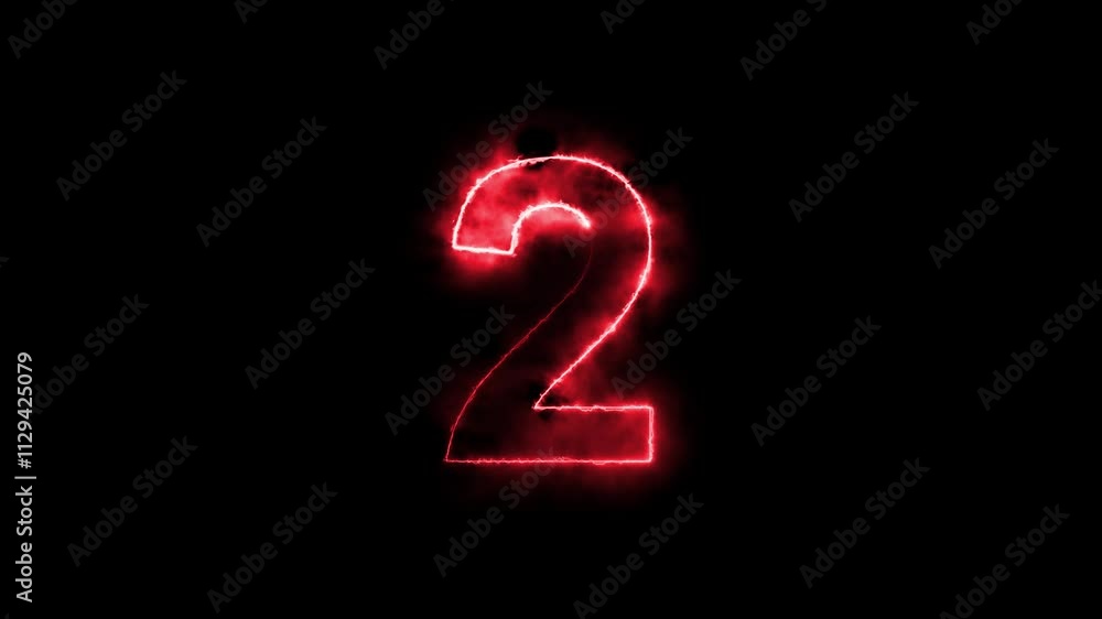 Poster glowing neon animated number 2. 2- one hot burning number on black background ,cyan color looping tr