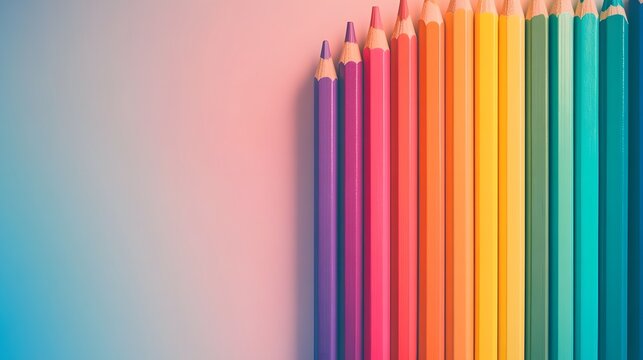A colorful set of pencils arranged in a gradient pattern on a plain white background.