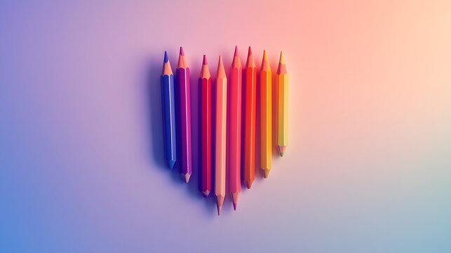 A colorful set of pencils arranged in a gradient pattern on a plain white background.