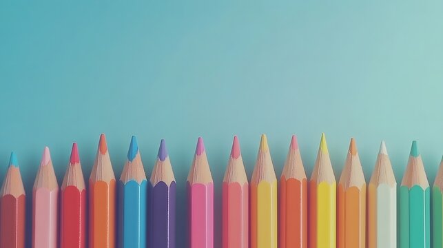 A colorful set of pencils arranged in a gradient pattern on a plain white background.