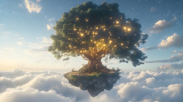 A colossal tree standing on a floating island of clouds its branches holding glowing stars.