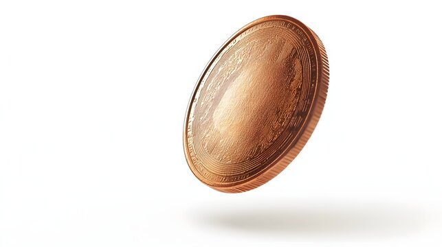 A copper coin flipping mid-air on a solid white background.