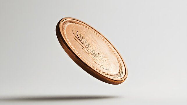 A copper coin flipping mid-air on a solid white background.