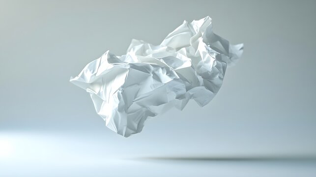 A crumpled piece of white paper floating mid-air over a gray backdrop.