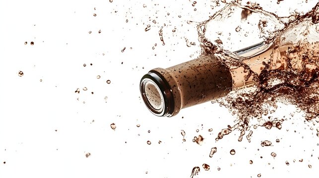 A cork from a wine bottle popping mid-air over a white background.