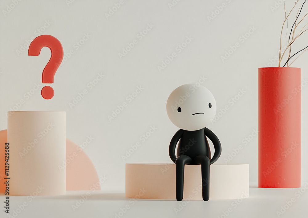 Poster Contemplative character sitting in minimalist space with abstract shapes and question mark symbolizing uncertainty