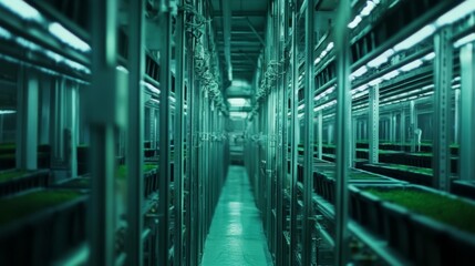Indoor vertical farm with rows of plants under artificial lights.