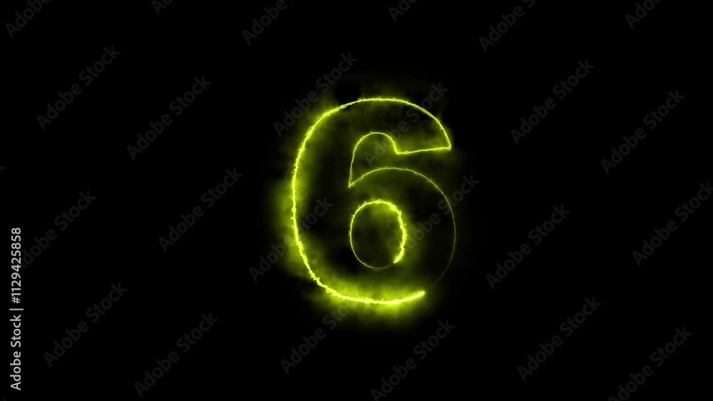 Aufkleber glowing neon animated number 6. 6- one hot burning number on black background ,cyan color looping tr