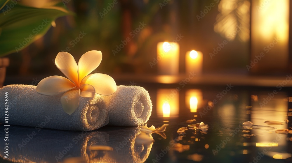 Poster A tranquil atmosphere is created with soft lighting from candles illuminating rolled white towels and a delicate flower.