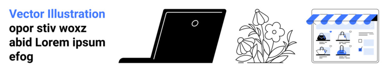 Laptop silhouette, flower drawing, e-commerce storefront icon with products. Ideal for online business themes, work-life balance, digital nature integration, e-commerce, technology, creativity web