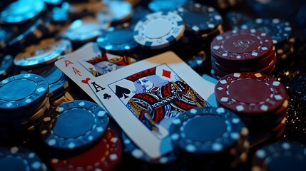 A detailed view of a blackjack hand showcasing a mix of face cards and betting chips.