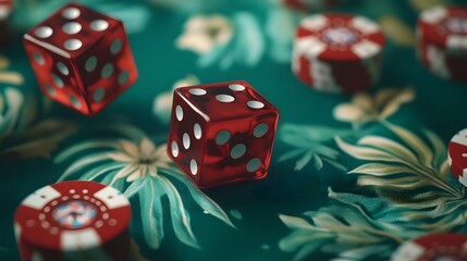A detailed view of a classic craps stick pushing red dice across the table.