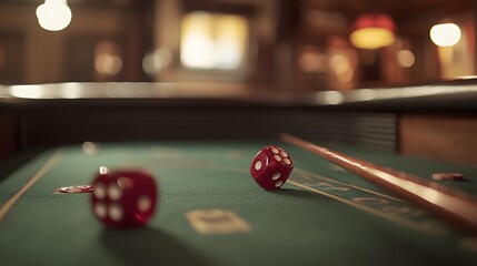 A detailed view of a classic craps stick pushing red dice across the table.