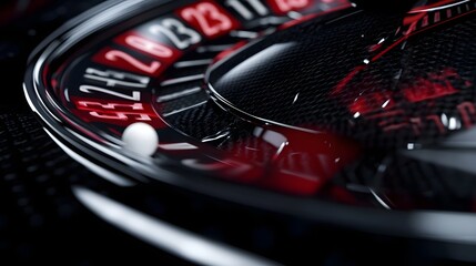 A detailed view of a roulette wheels black and red numbers with the ball spinning near red 23.