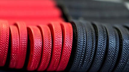 A detailed view of a stack of red and black poker chips arranged neatly beside playing cards.