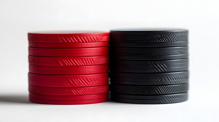 A detailed view of a stack of red and black poker chips arranged neatly beside playing cards.