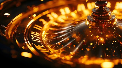A detailed view of the spinning numbers on a roulette wheel illuminated by soft golden light.
