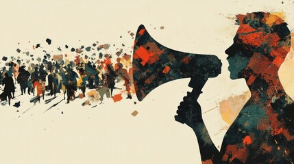 Silhouette of person holding megaphone, addressing large crowd, with colorful abstract paint splatter effects.