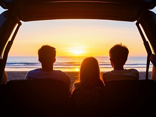 Travelers relaxing in the back of an open hatchback car